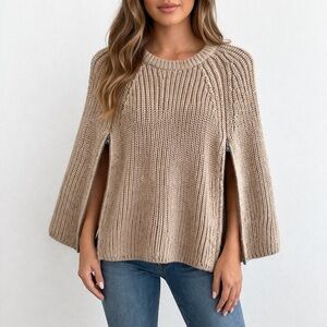 Gap Wool Knit Chunky Ribbed Comfy Over Shoulder Shawl Shrug Poncho Sweater Tan